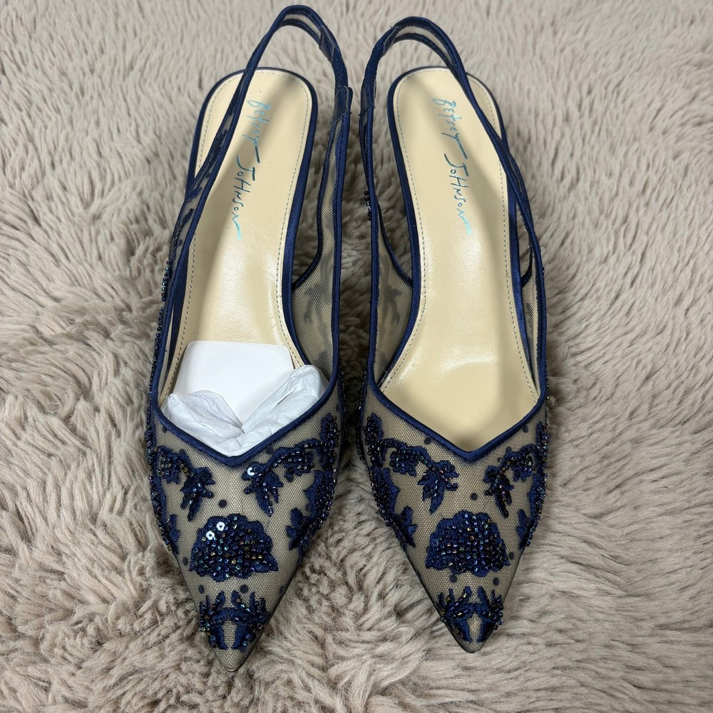 Betsey Johnson SB-NIKKI Navy Blue Beaded Mesh Slingback Kitten Heel Pumps 9M - Picture 2 of 10